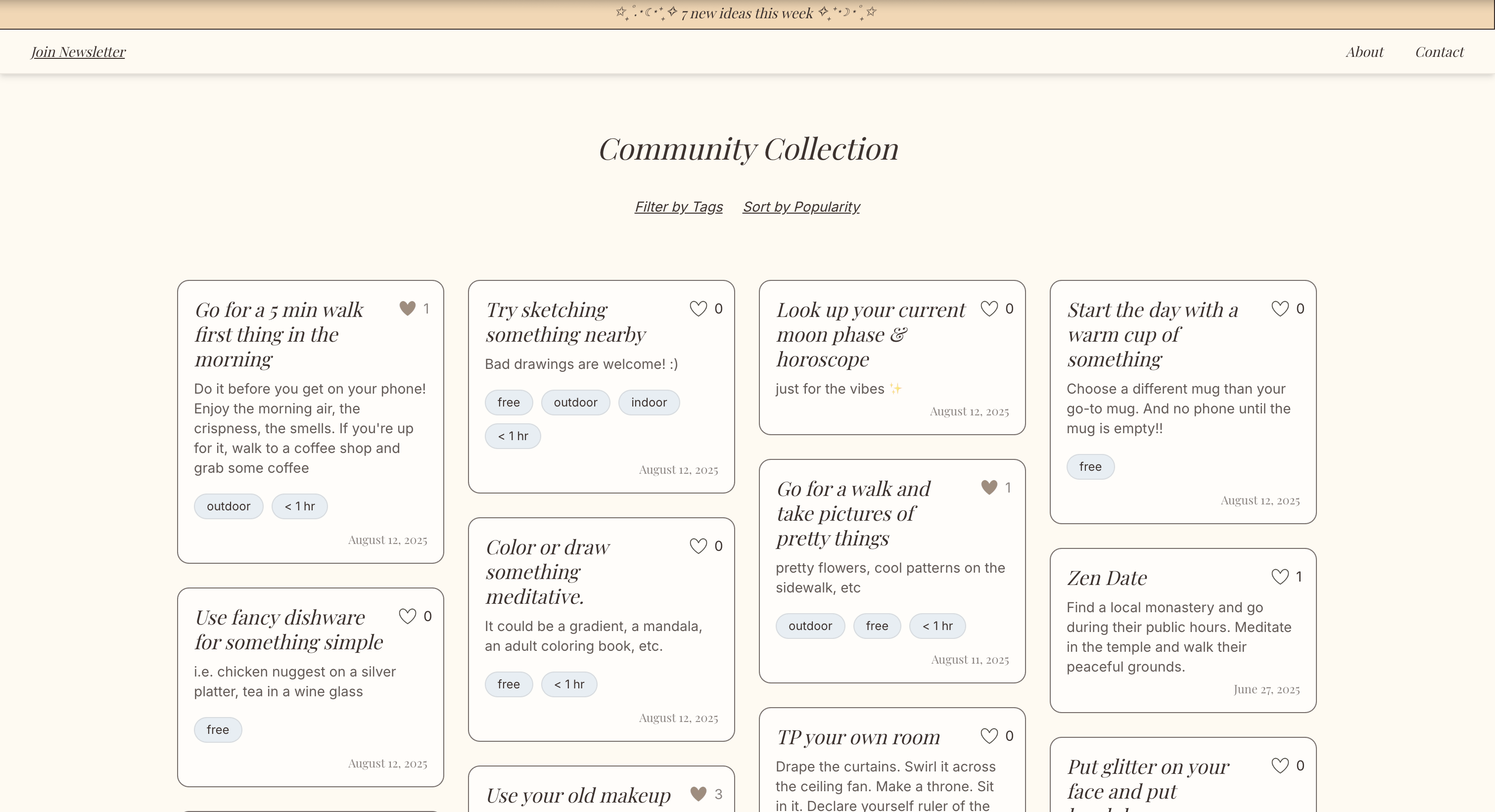 Collection of solo date activity cards from community submissions.
