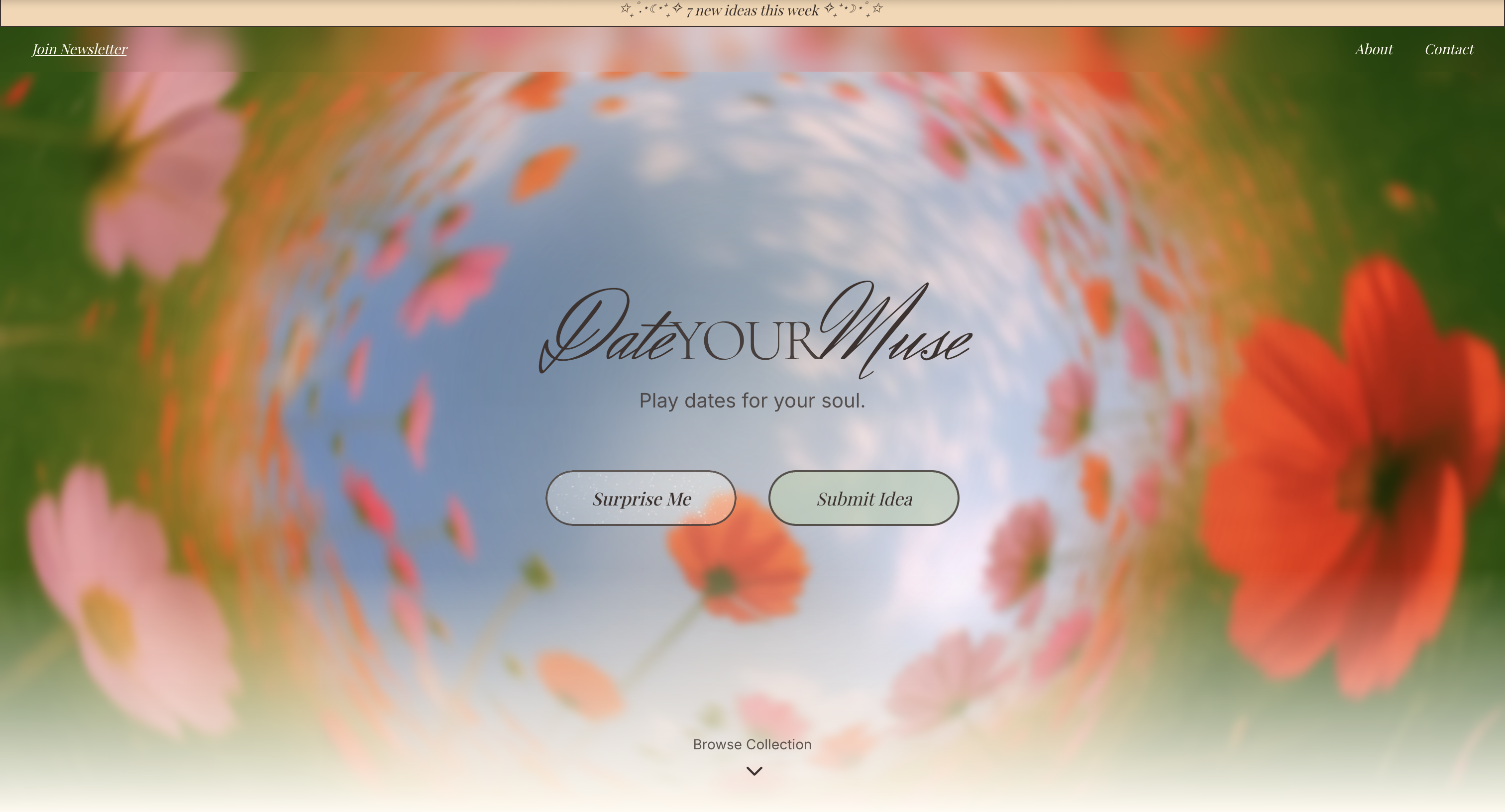 DATEYOURMUSE homepage with a romanticized, inspiring design.