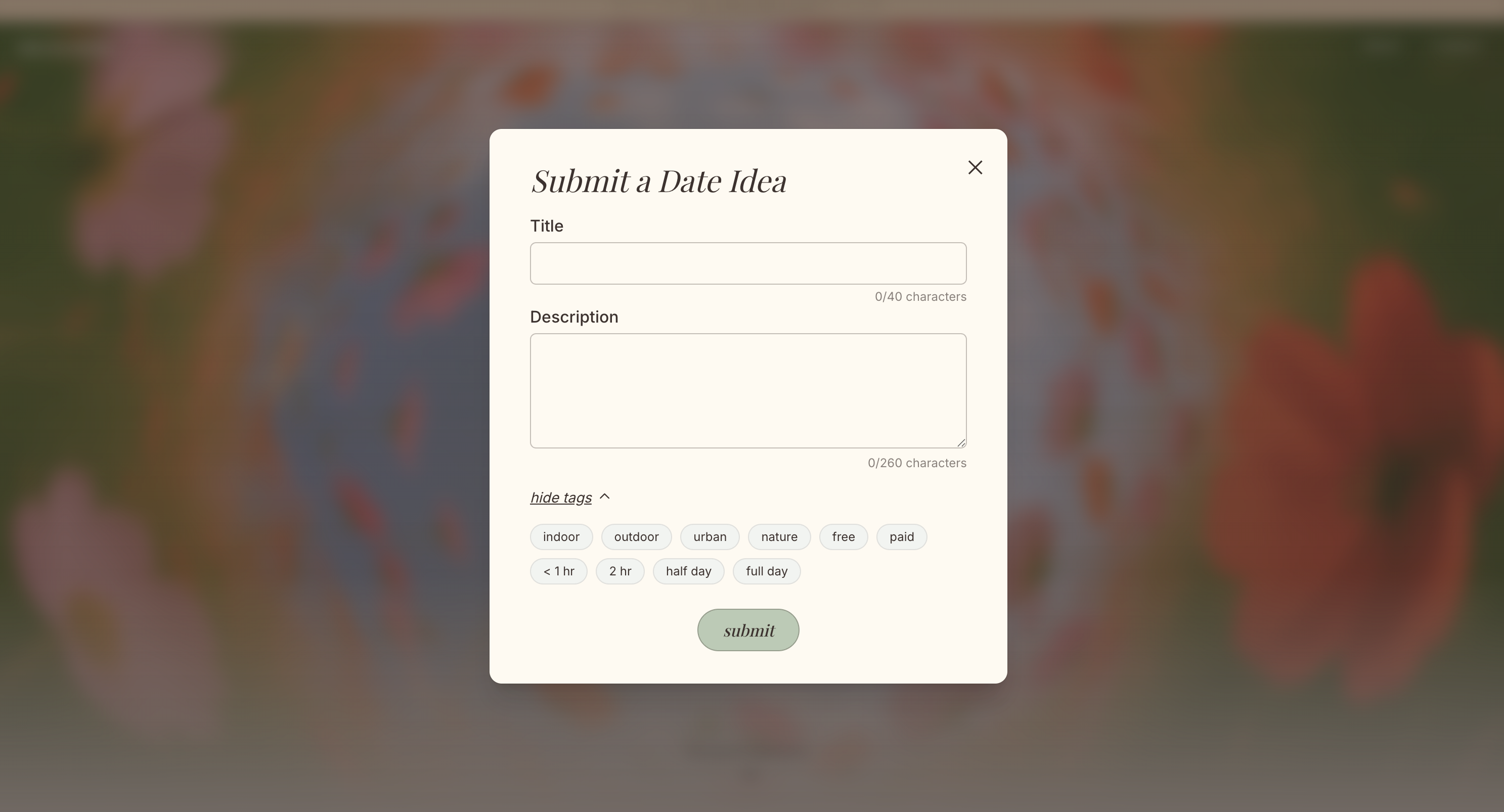 Submission modal with a title, caption, and optional tags.