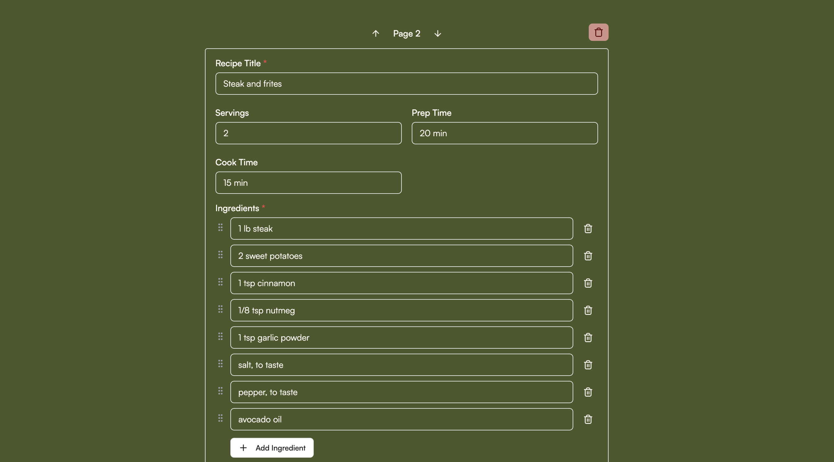 Recipe editing interface with photo upload and story sections