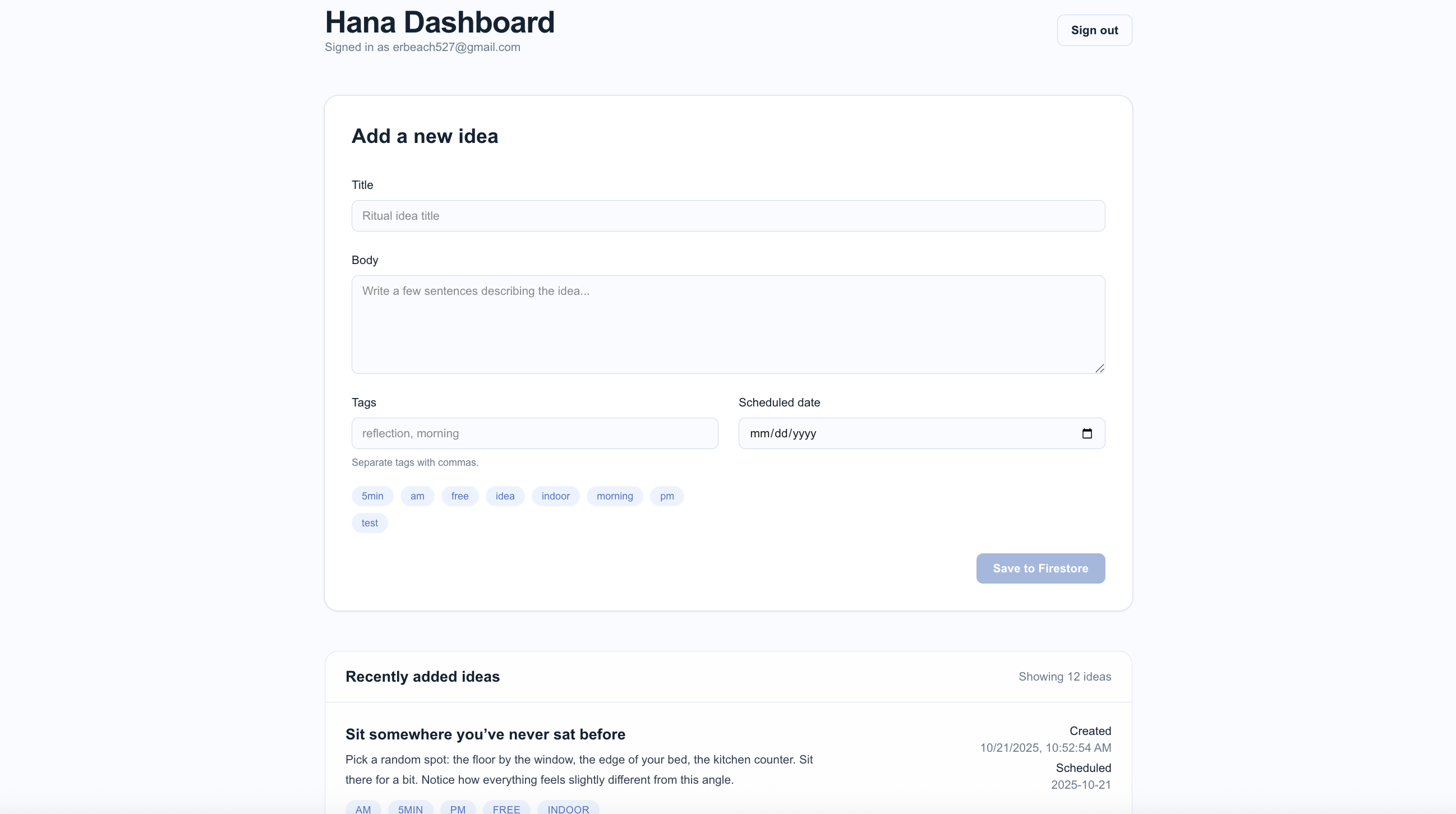 Hana idea admin dashboard showing prompt generation and tagging interface