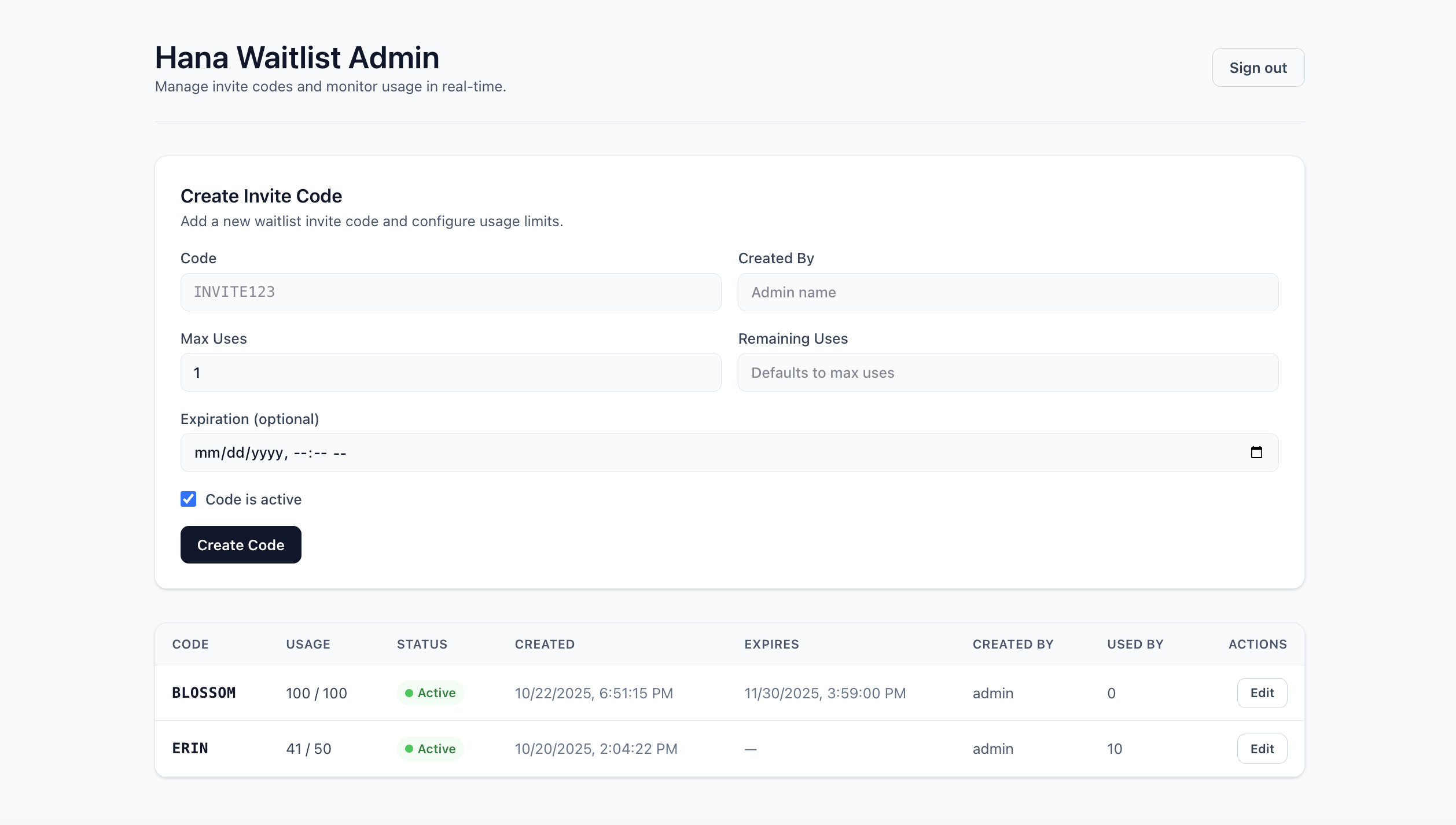 Waitlist code dashboard for managing exclusive Hana access codes