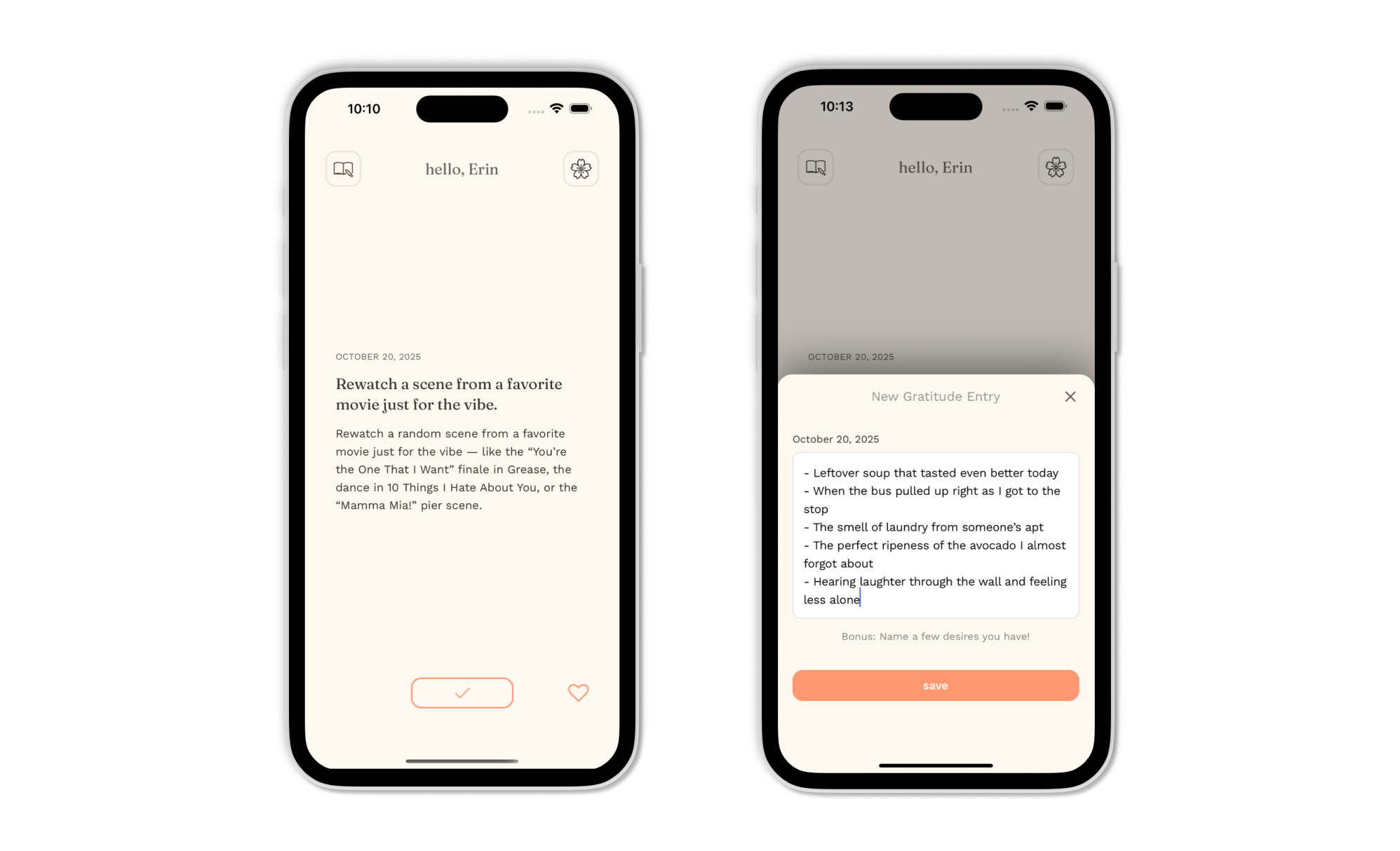 Hana home screen showing the daily prompt and gratitude entry