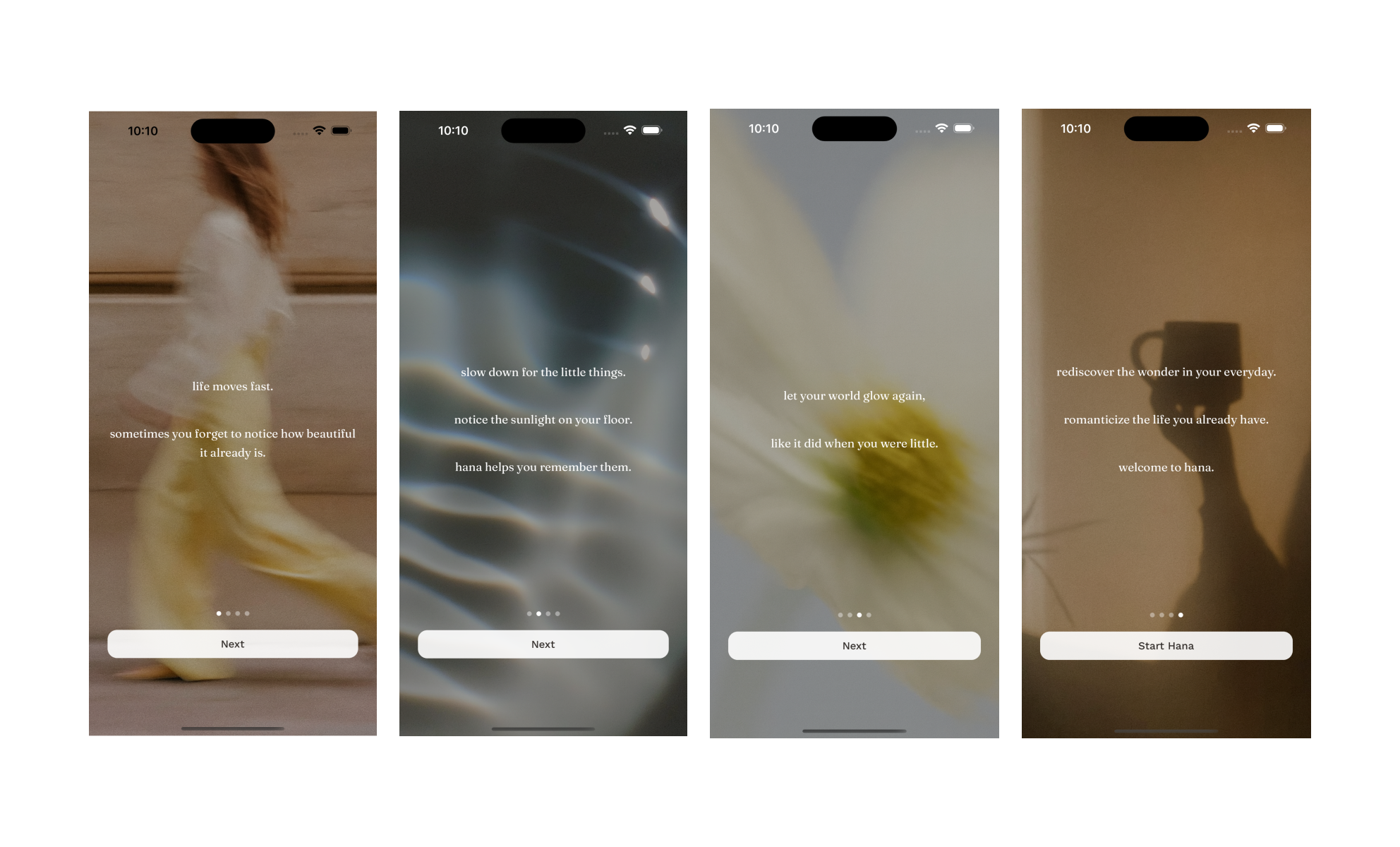 Hana onboarding slide showing text about slowing down for small things
