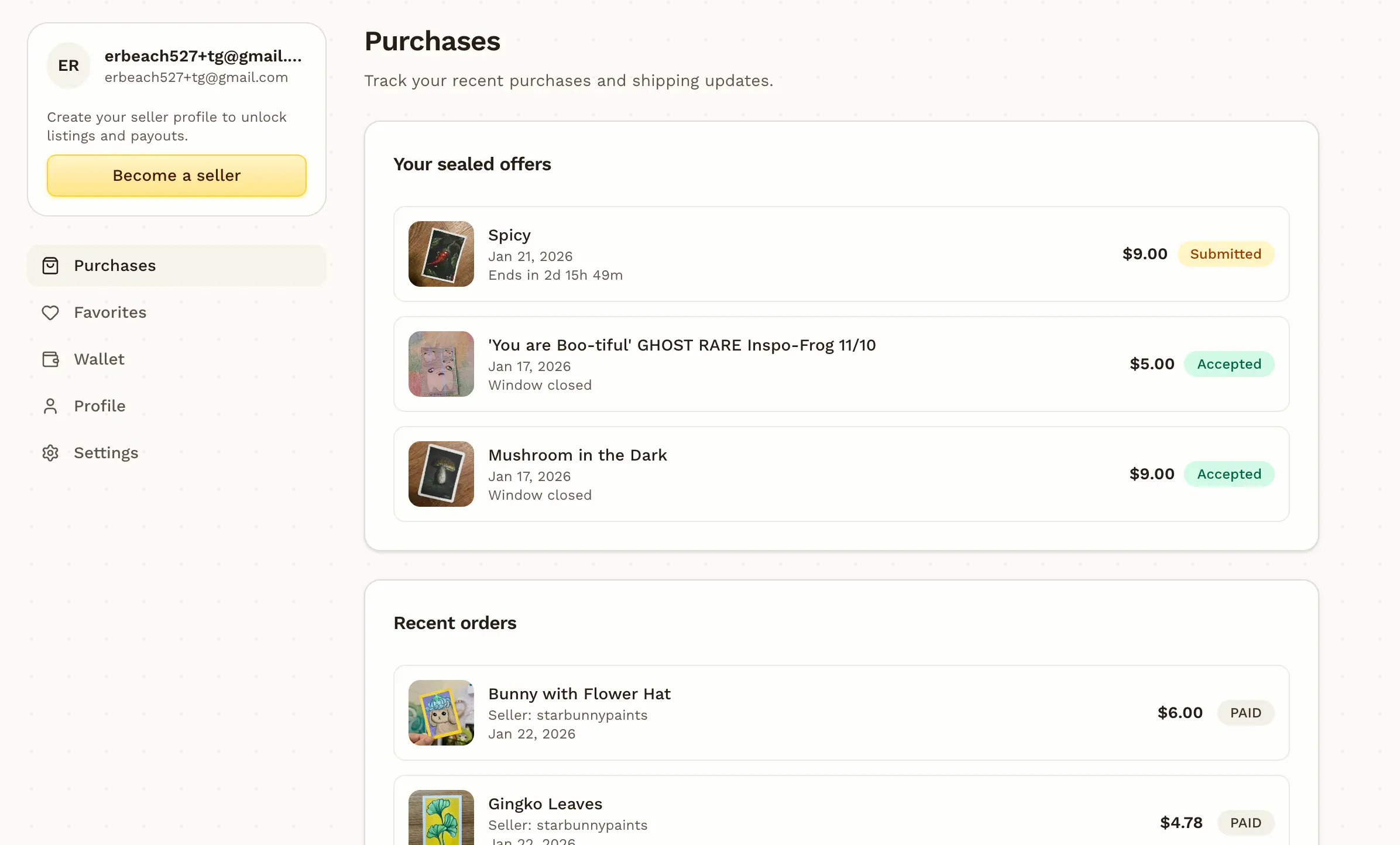 Buyer dashboard showing TinyGallery purchases