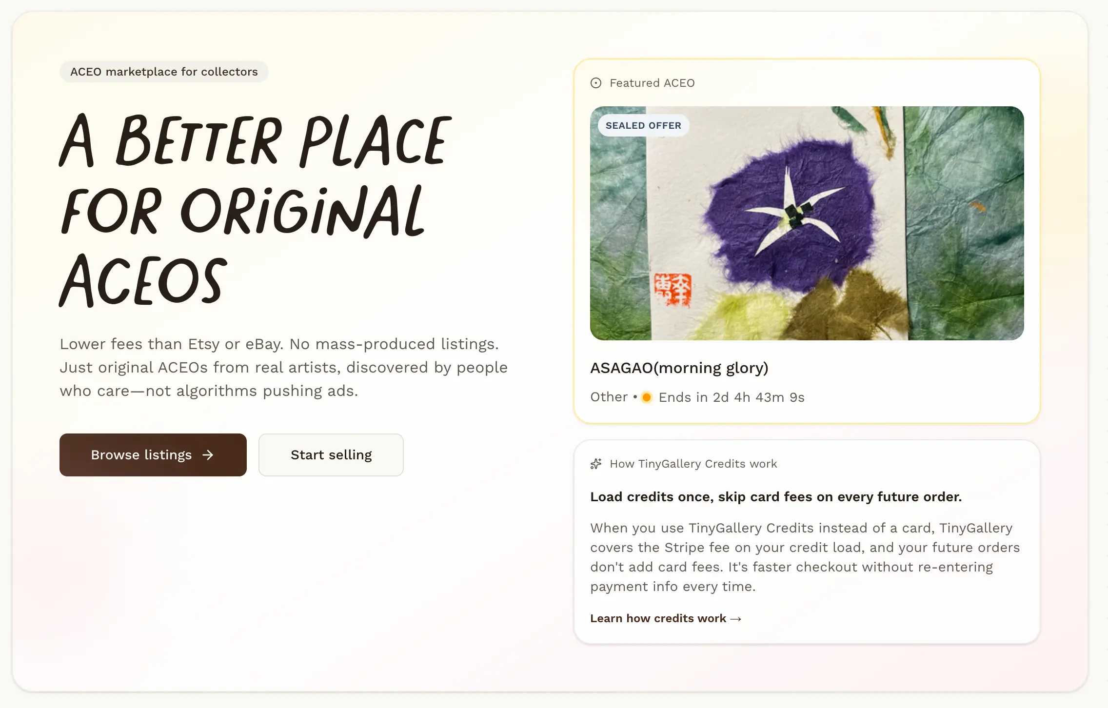 TinyGallery homepage highlighting featured ACEO and marketplace features