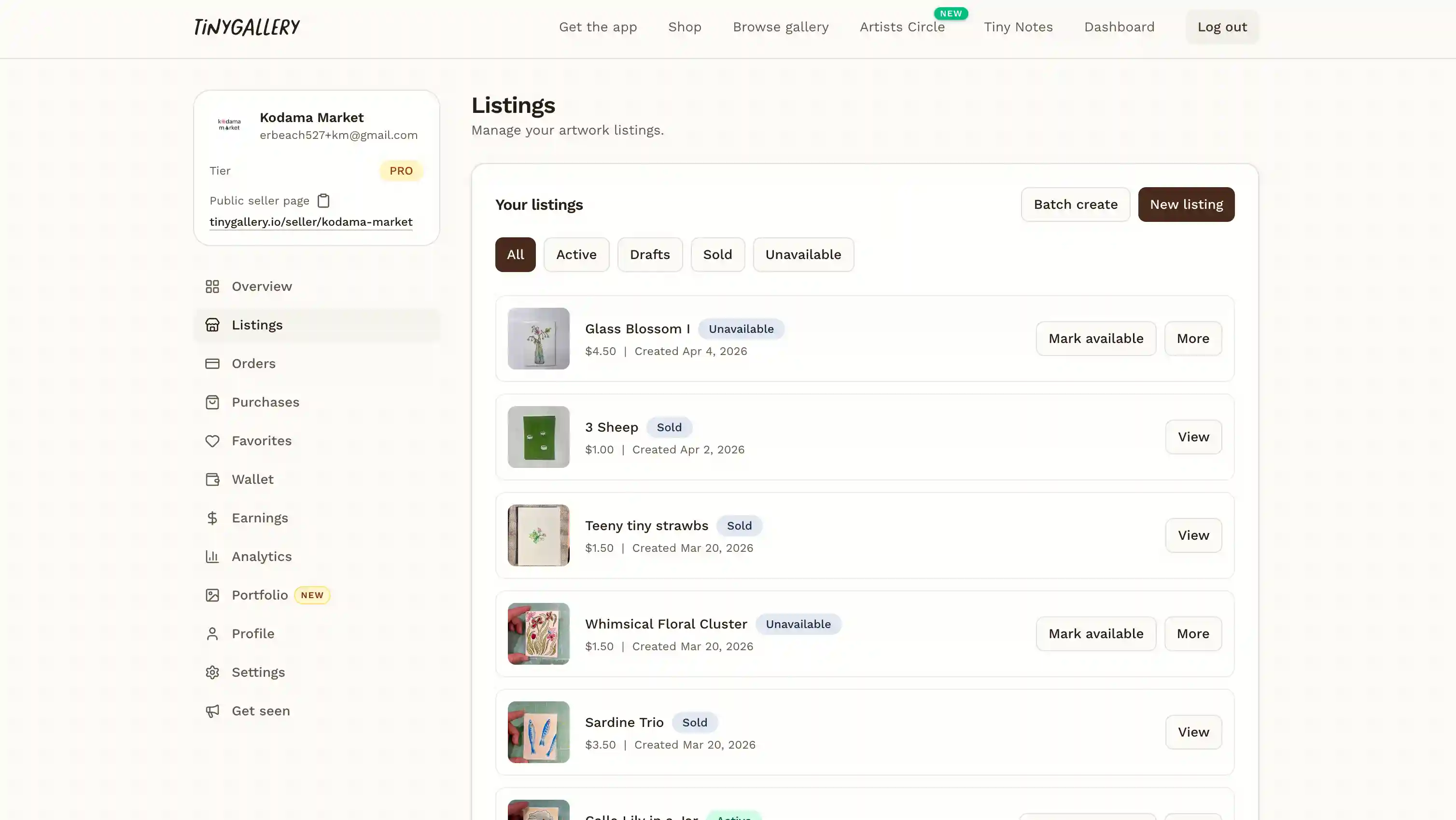 TinyGallery seller listing management page