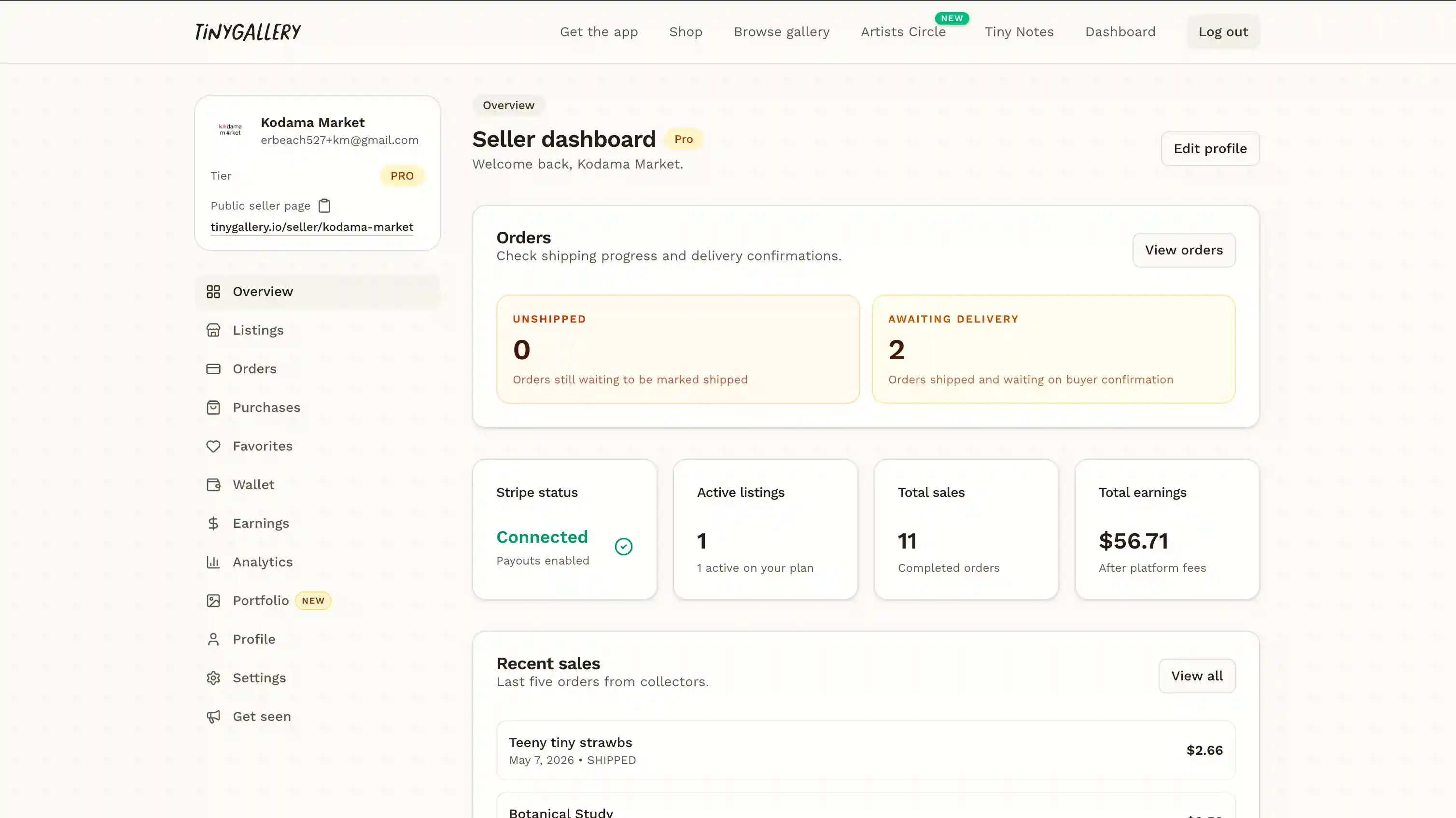 TinyGallery seller dashboard for account, artist portfolio, and orders