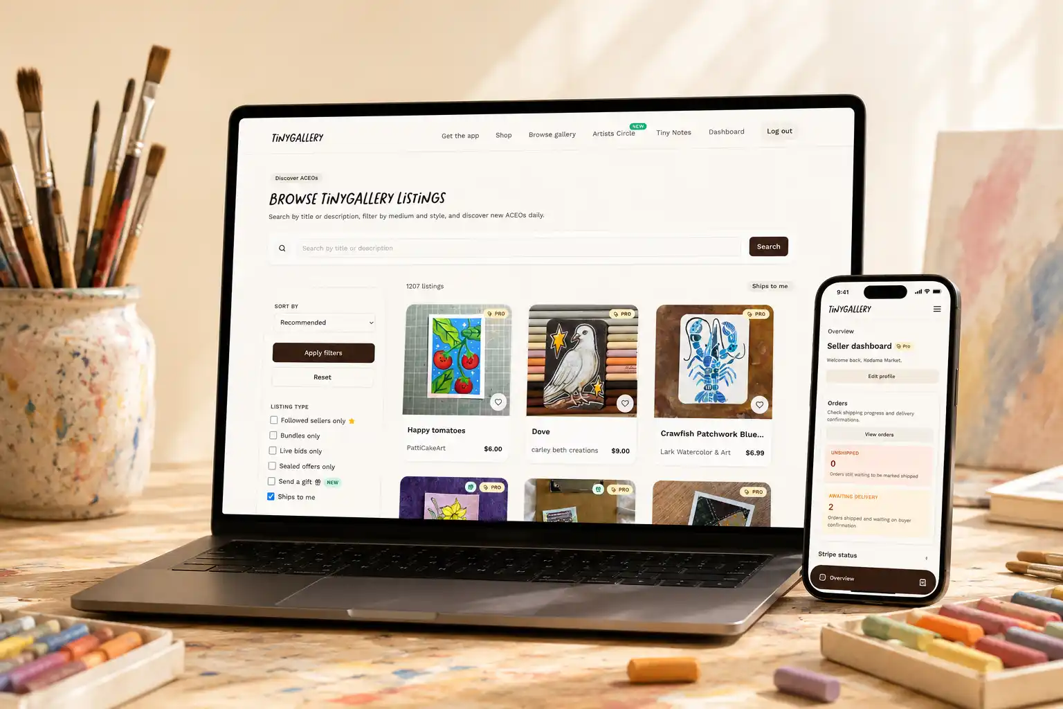 TinyGallery marketplace hero image with device mockups