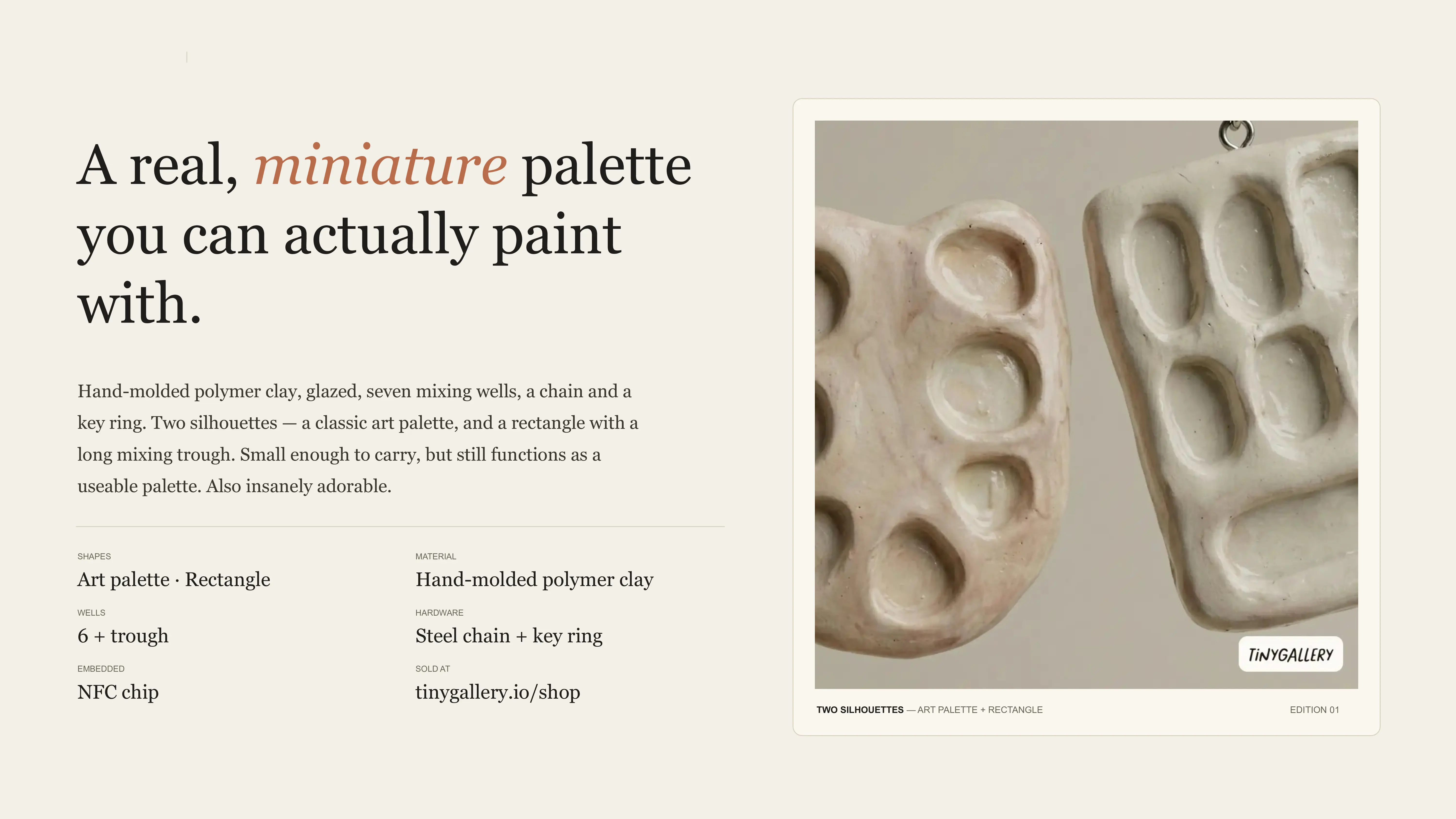 Tiny Magic Palette product slide showing palette details and materials